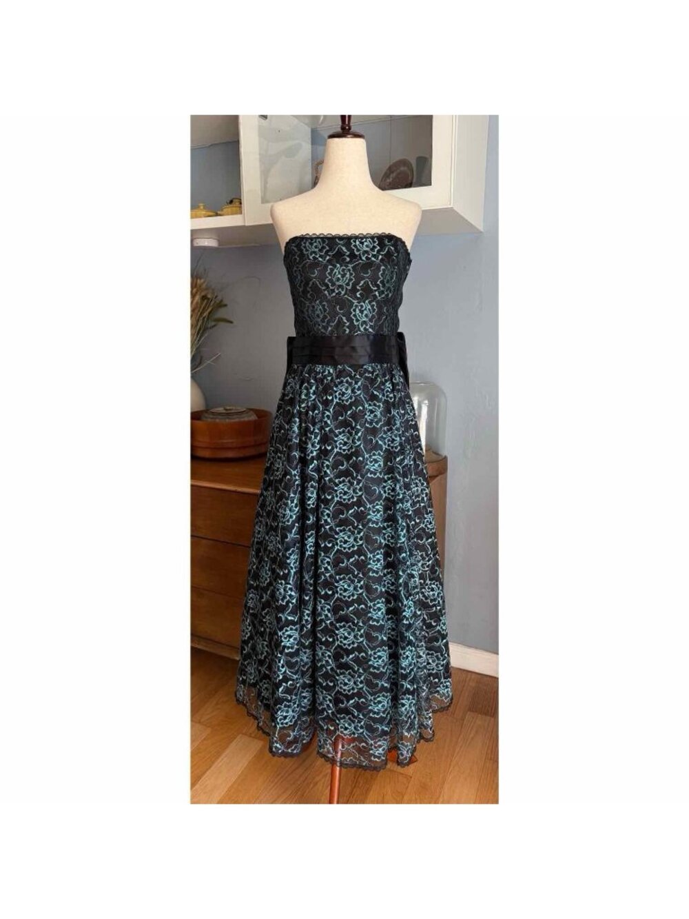 VTG Gunne Sax Jessica McClintock Strapless Black Blue Lace Dress 11 Whimsy Goth